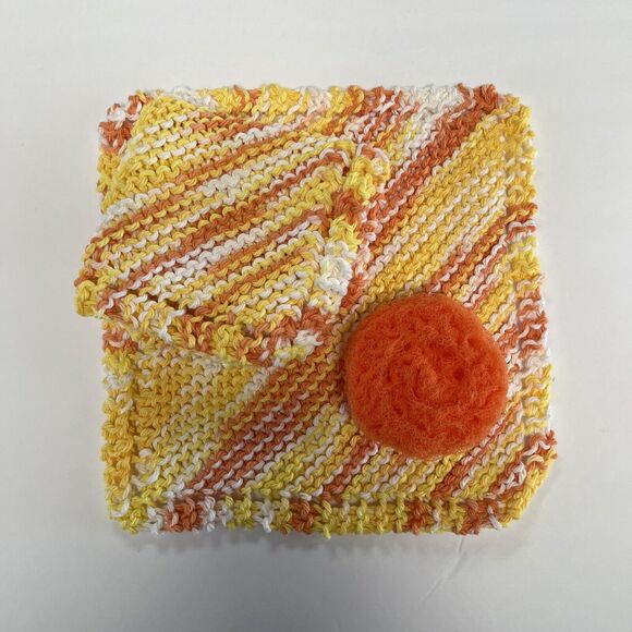Hand Knit Dish Cloth Set of 2 Plus Scrubbie 100% Cotton Multicolor Orange Yellow - Picture 3 of 6